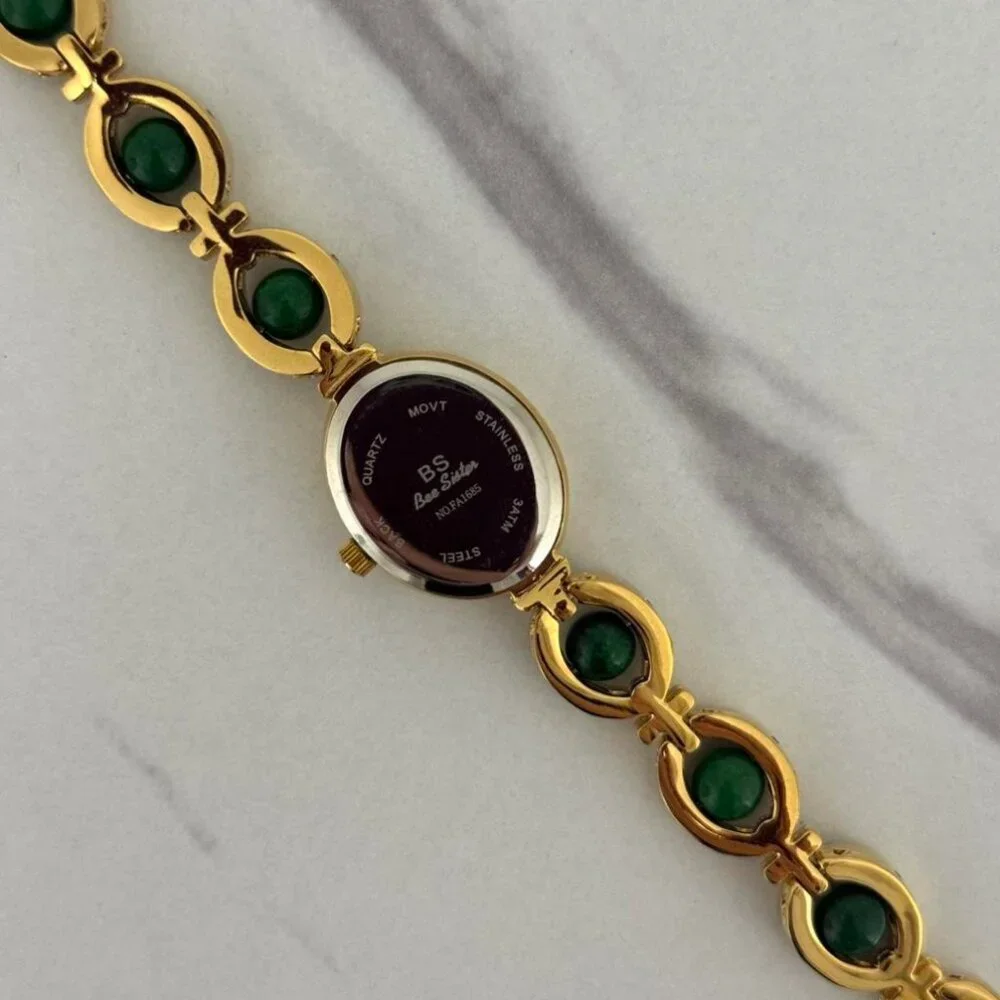 Sku0456 Retro Gold Green Pearl Gemstones Women Fashion Watch Bracelet + gift box